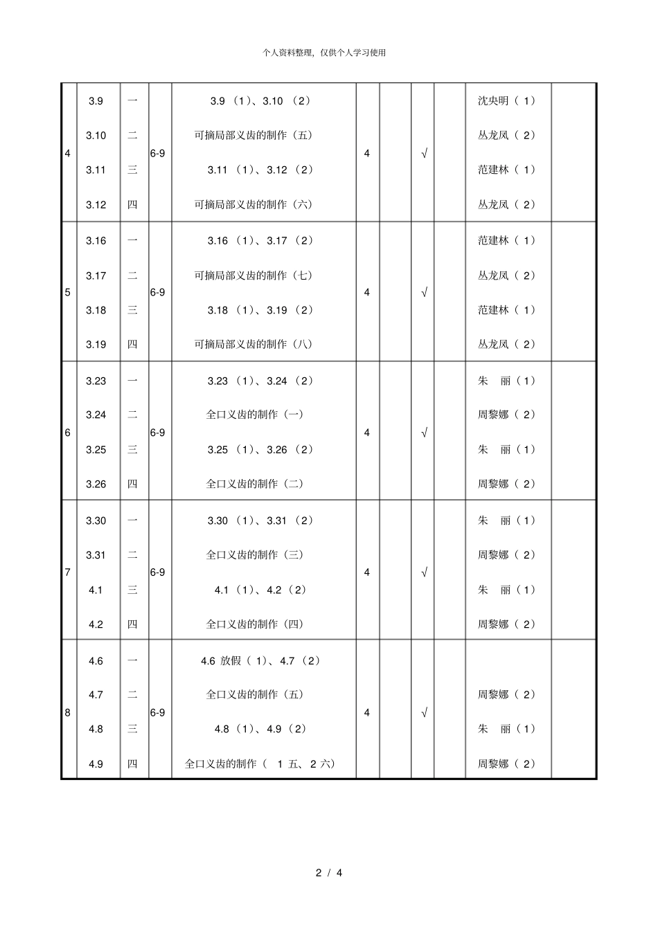 口腔修复学课程试验、见习部分教学日历_第2页