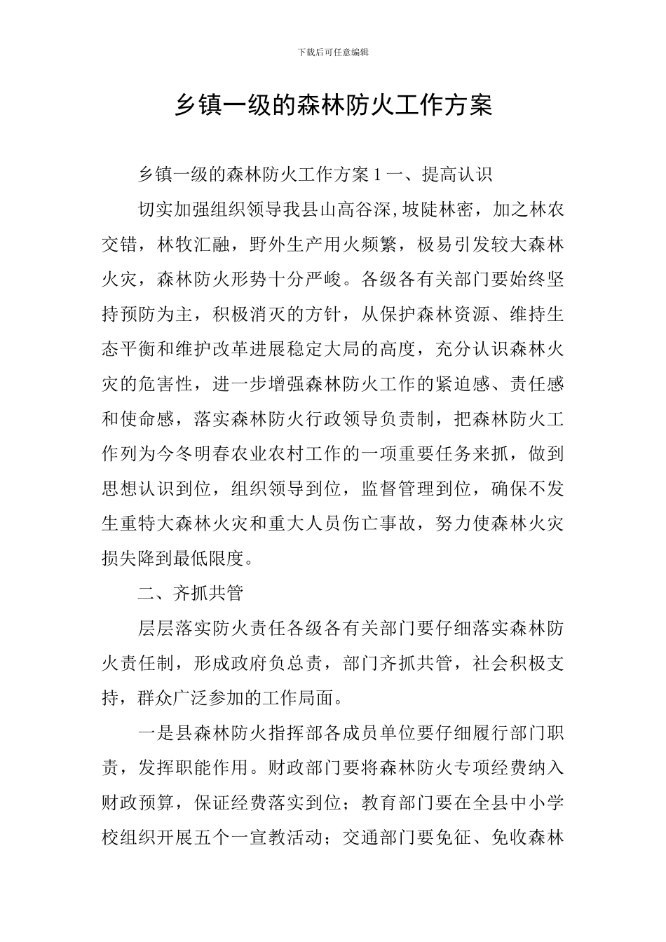 乡镇一级的森林防火工作方案_第1页