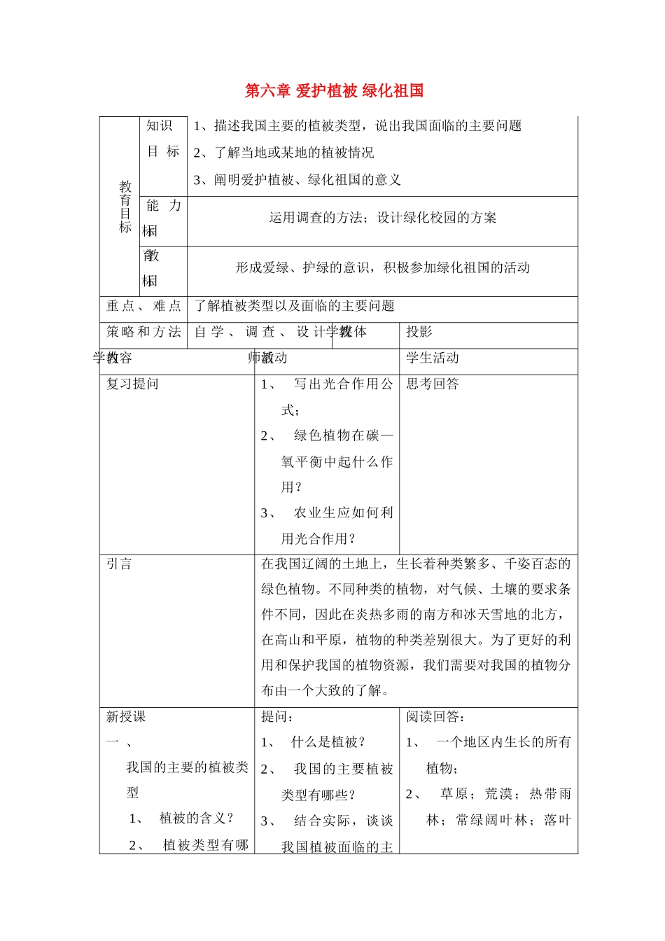 七年级生物3.6 爱护植被，绿化祖国 4教案人教版_第1页