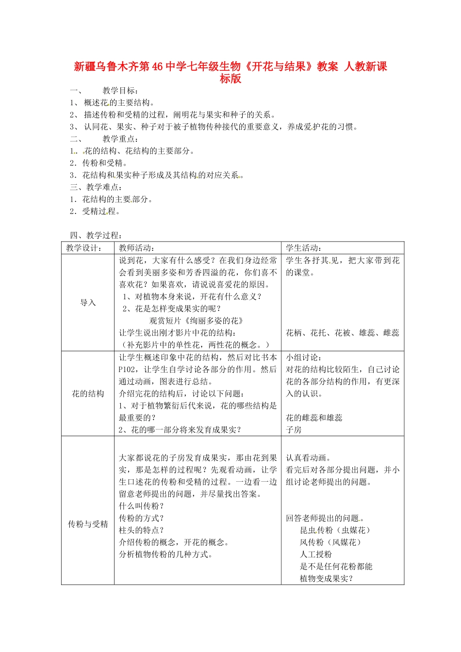 新疆乌鲁木齐第46中学七年级生物《开花与结果》教案 人教新课标版_第1页