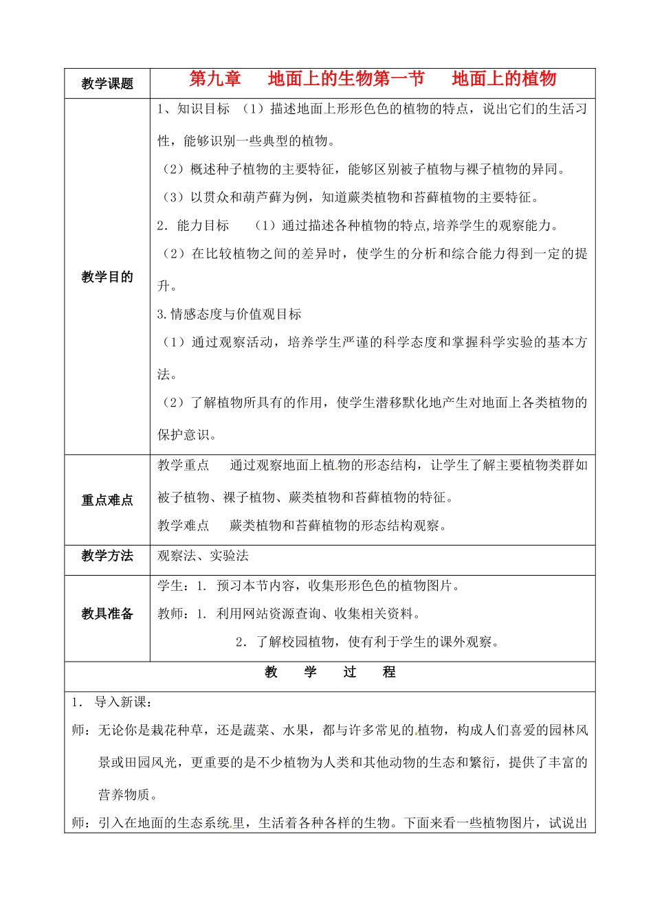 江苏省苏州市第二十六中学七年级生物 9.1《地面上的植物》教案_第1页