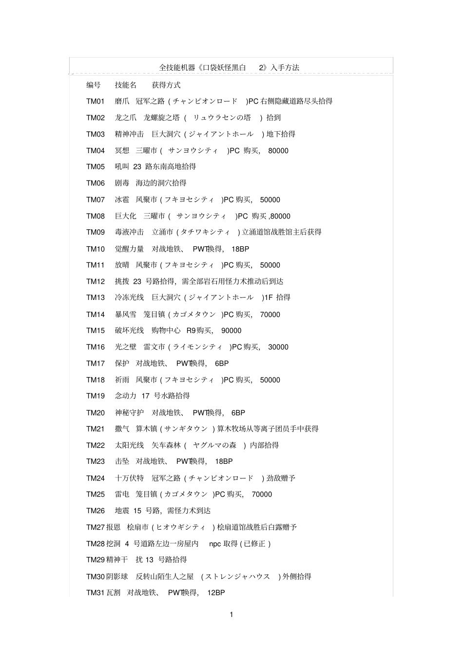 口袋妖怪黑白2的全技能入手方法及孵蛋方法_第1页