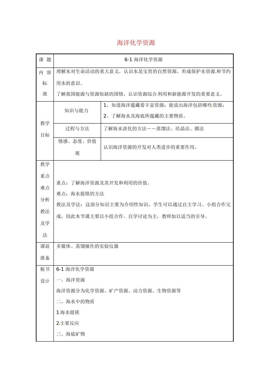 九年级化学 第六单元第一节 海洋化学资源教案 鲁教版_第1页