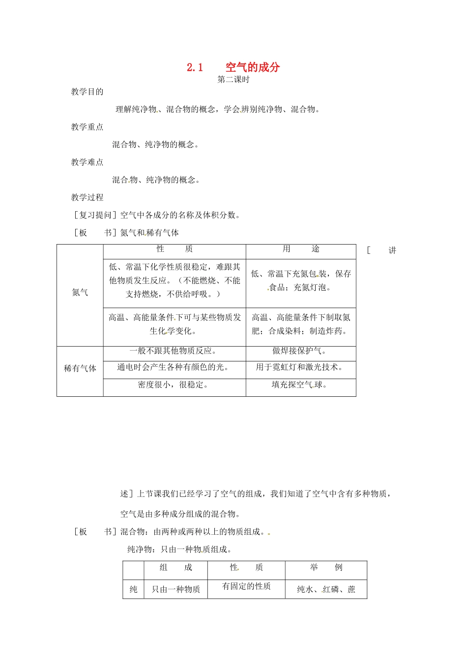 九年级化学上册 第二章第一节 空气的成分2 精品教案 科粤版_第1页