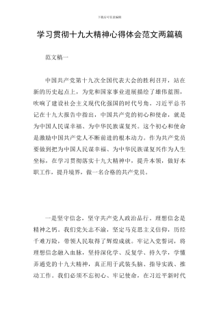 学习贯彻十九大精神心得体会范文两篇稿
