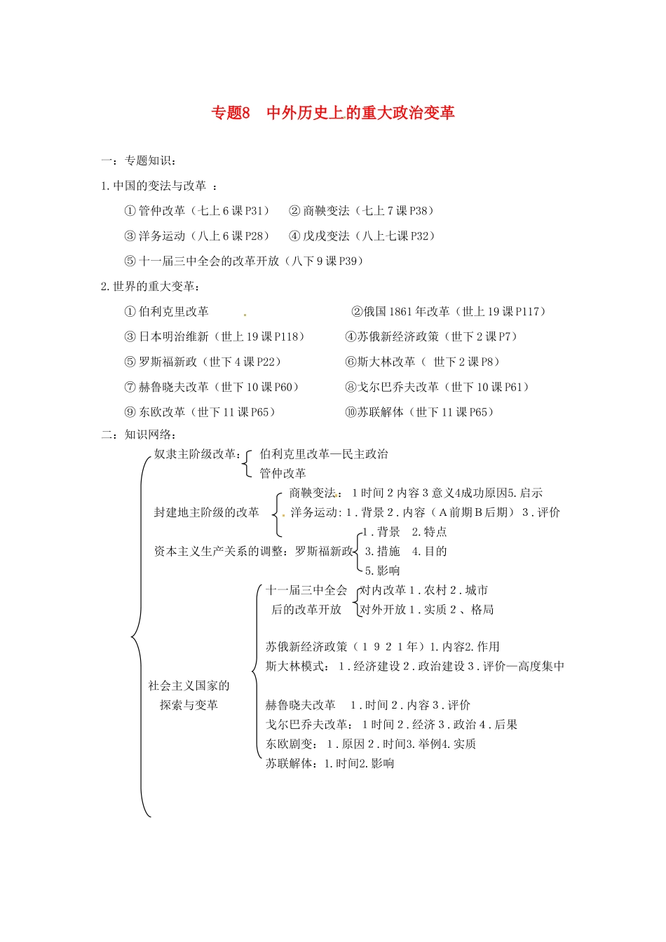 山东省泰安市桃园中学2011-2012学年九年级历史上册《专题8 中外历史上重大政治变革》专题备课稿 人教新课标版_第1页