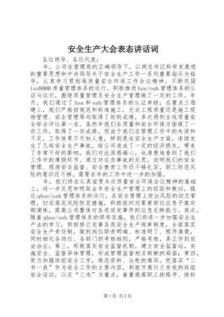 安全生产大会表态讲话发言词