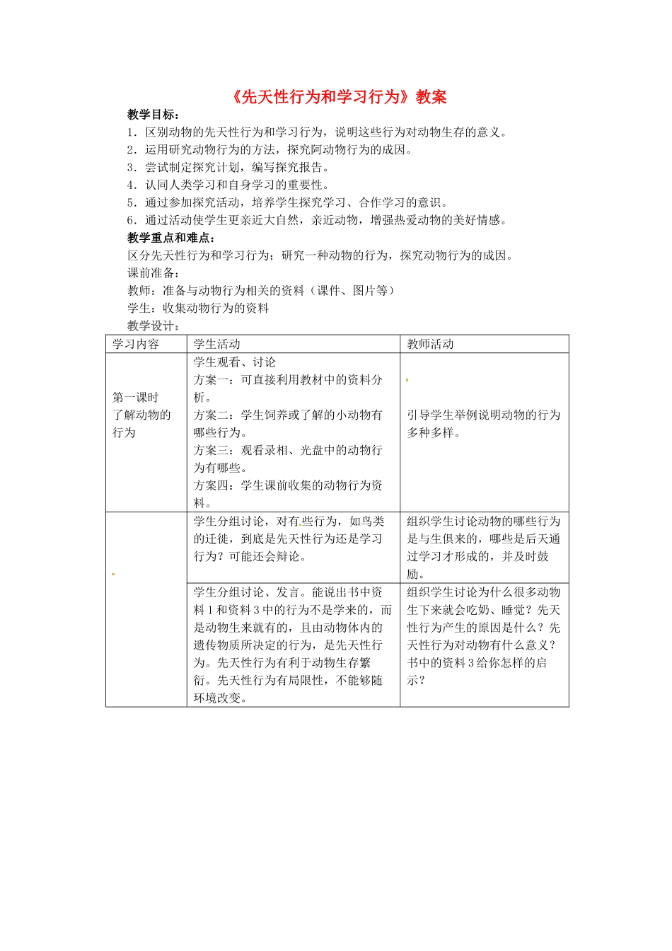 山东省胶南市理务关镇中心中学2012-2013学年八年级生物 先天性行为和学习行为教案_第1页