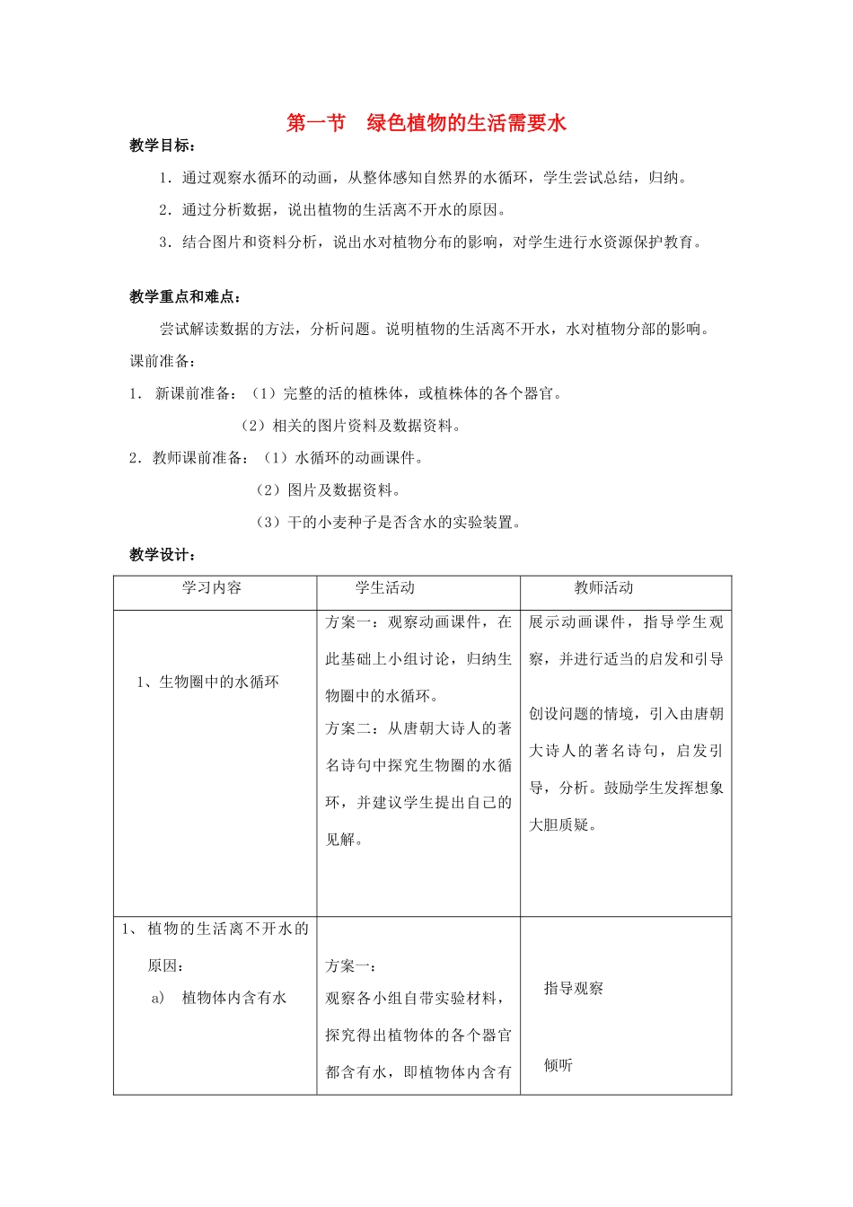 七年级生物3.3.1 绿色植物的生活需要水 教案3人教版_第1页