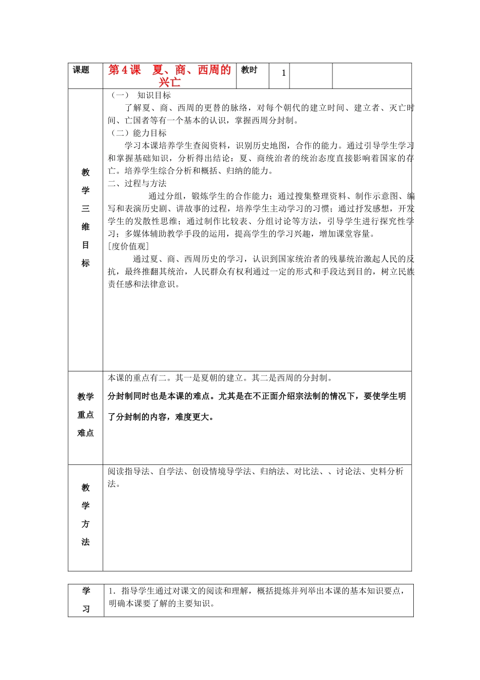 七年级历史上册 第4课 夏、商、西周的兴亡教案 新人教版_第1页