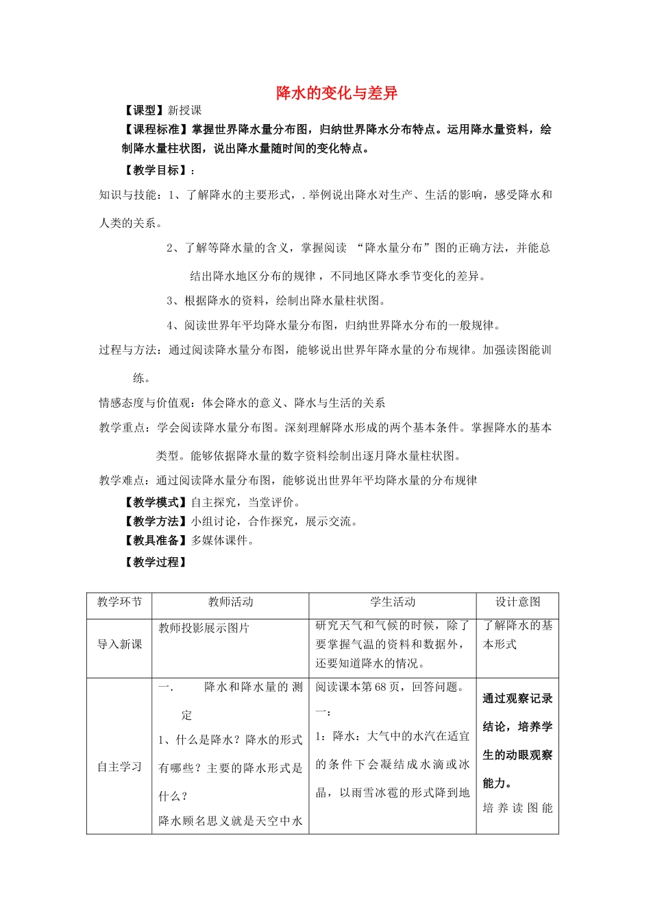 七年级地理上册 4.3降水的变化与差异教案 （新版）商务星球版-（新版）商务星球版初中七年级上册地理教案_第1页