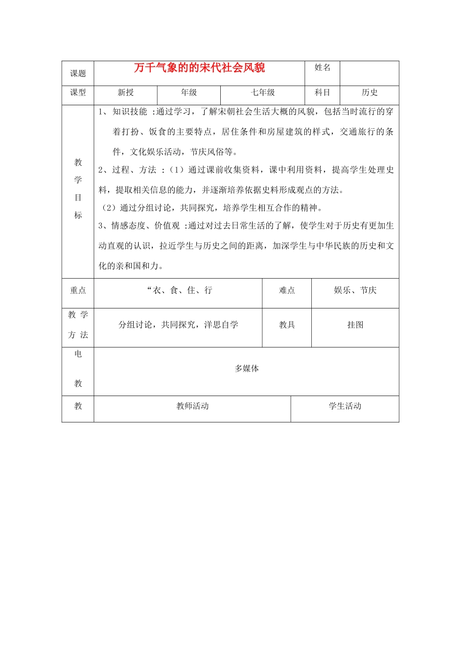 七年级历史下册 第11课万千气象的宋代社会风貌教案 人教新课标版_第1页