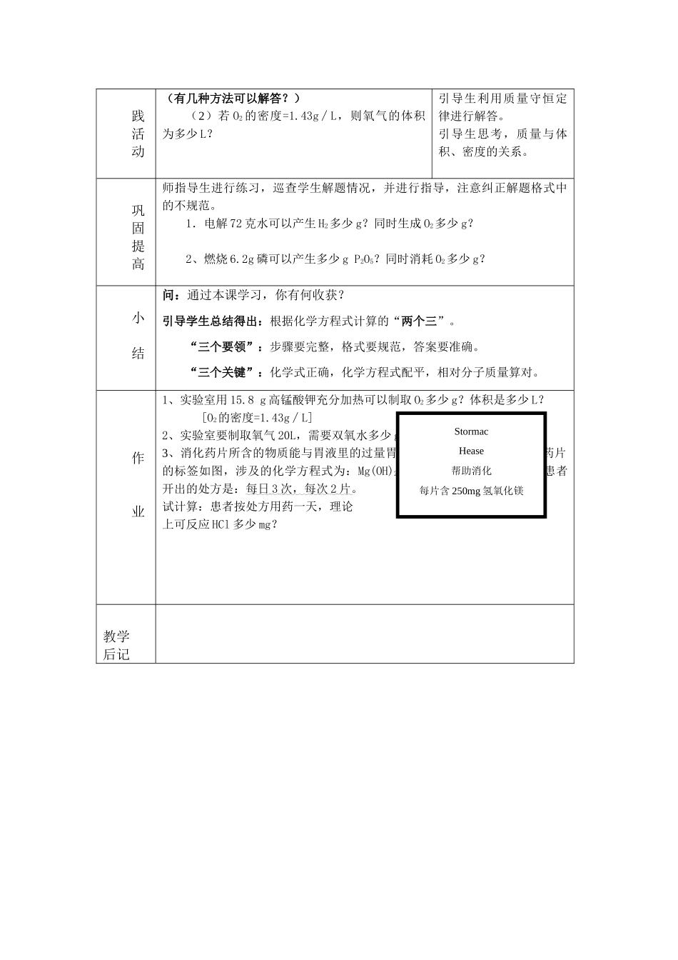 九年级化学 化学反应中的有关计算(一)教案 鲁教版_第2页