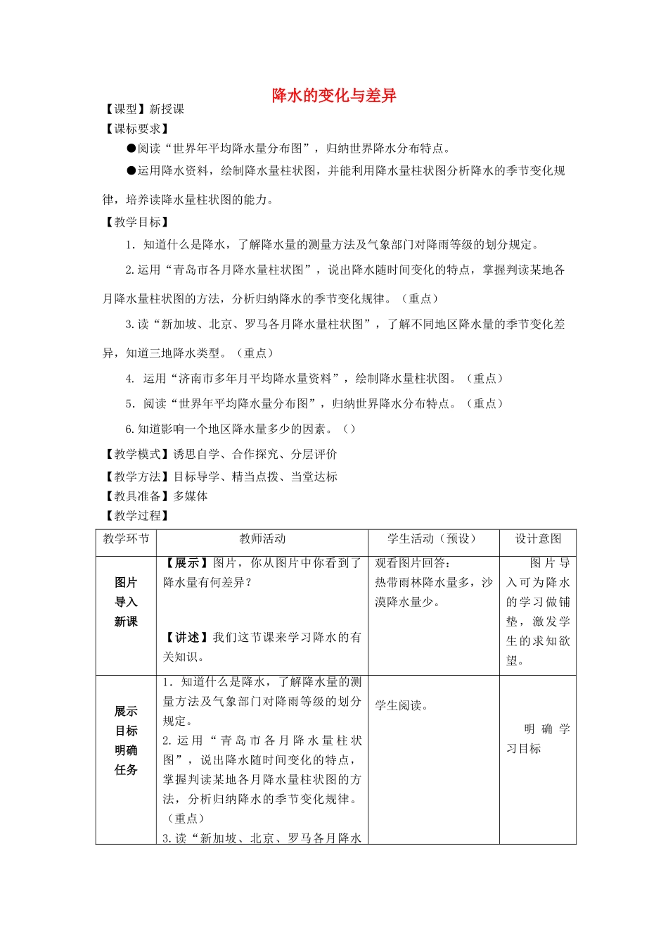 七年级地理上册 第4章 第3节《降水的变化与差异》教案 （新版）商务星球版-（新版）商务星球版初中七年级上册地理教案_第1页
