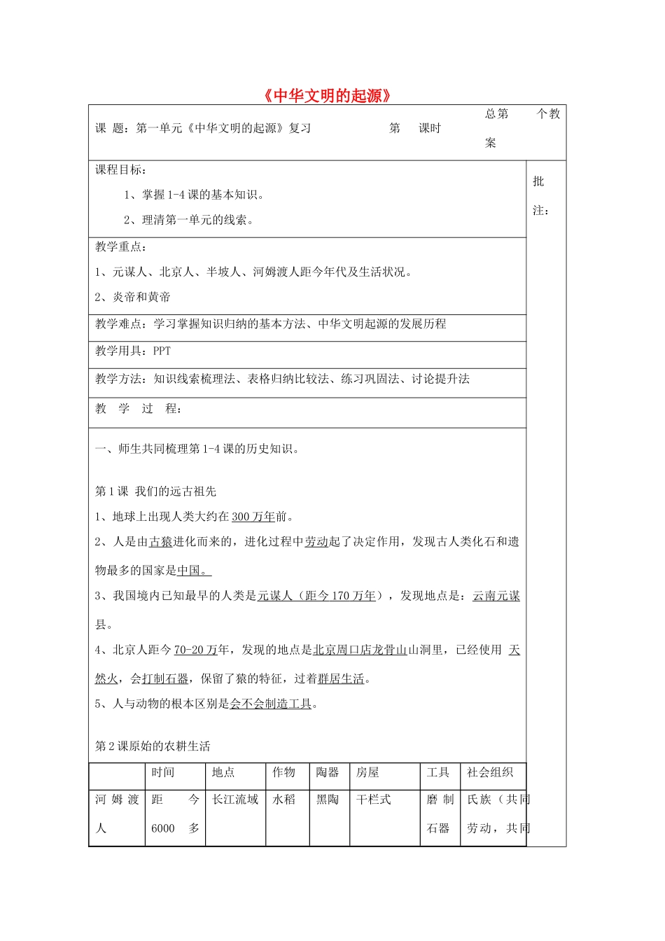 七年级历史上册 第一单元《中华文明的起源》复习教案 岳麓版-岳麓版初中七年级上册历史教案_第1页