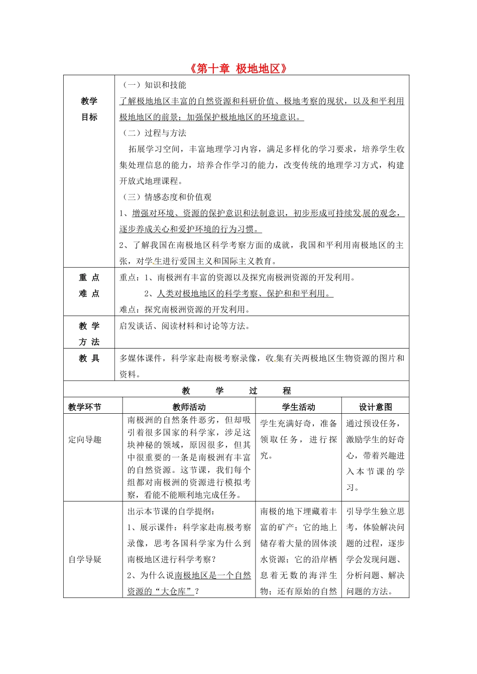 七年级地理下册《第十章 极地地区》教学设计 新人教版-新人教版初中七年级下册地理教案_第1页