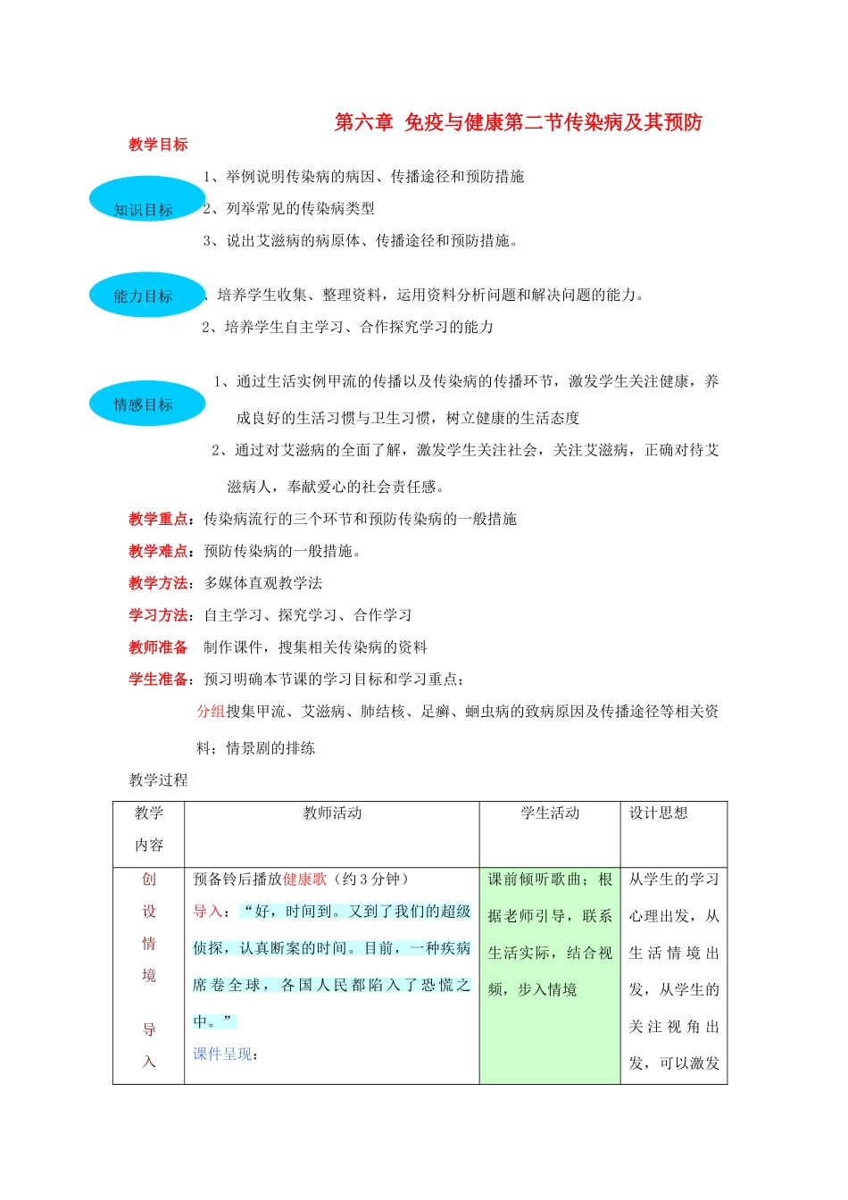 七年级生物 《传染病及其预防》教案 济南版_第1页