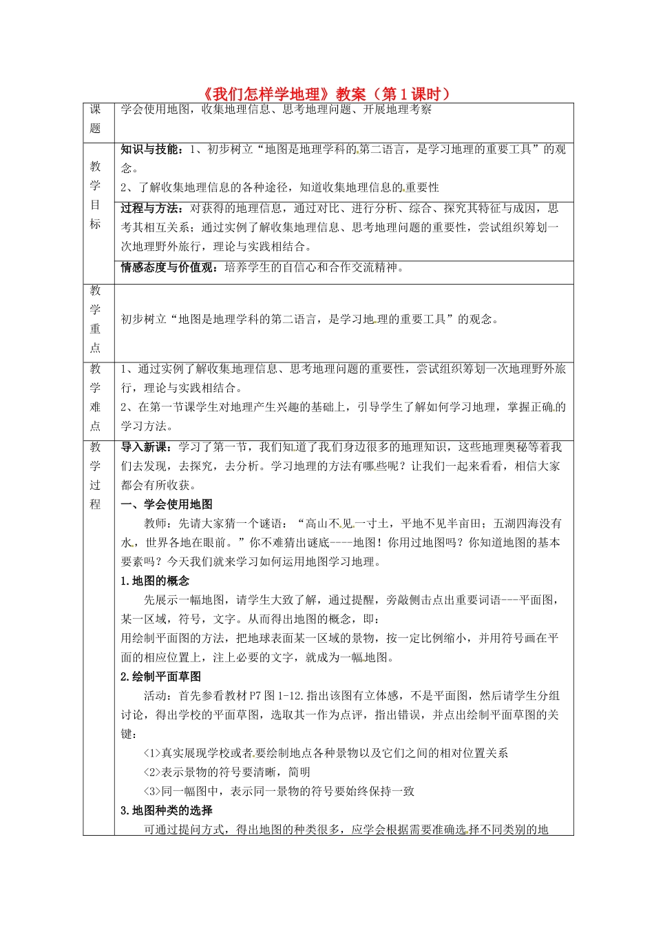 七年级地理上册 1.1《我们怎样学地理》教案 湘教版-湘教版初中七年级上册地理教案_第1页