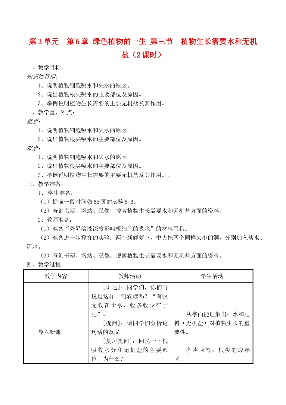 七年级生物上 第5章 绿色植物的一生 第三节  植物生长需要水和无机盐（2课时）教案苏教版_第1页