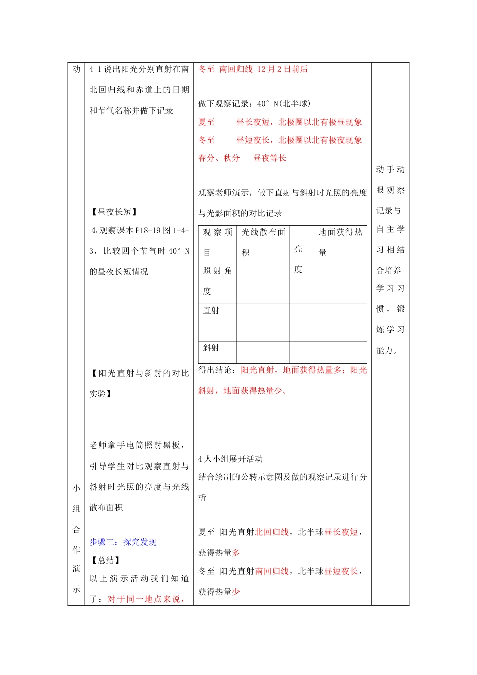 -七年级地理上册 第一章 活动课 太阳光直射、斜射对地面获得热量的影响优秀教案（新版）商务星球版-（新版）商务星球版初中七年级上册地理教案_第3页
