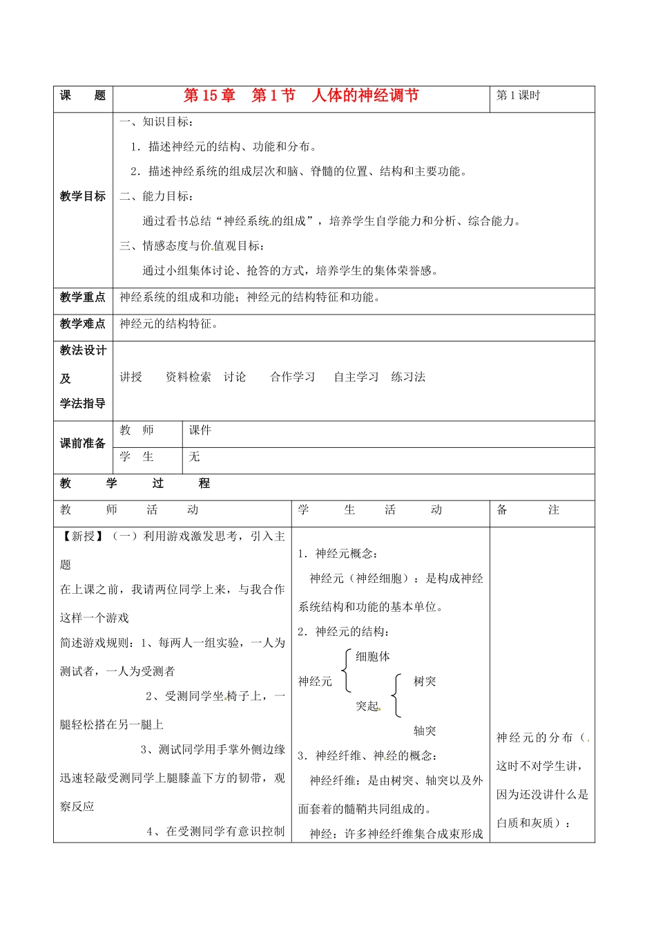 江苏省南通市实验中学七年级生物上册《人体的神经调节》教学设计 苏科版_第1页