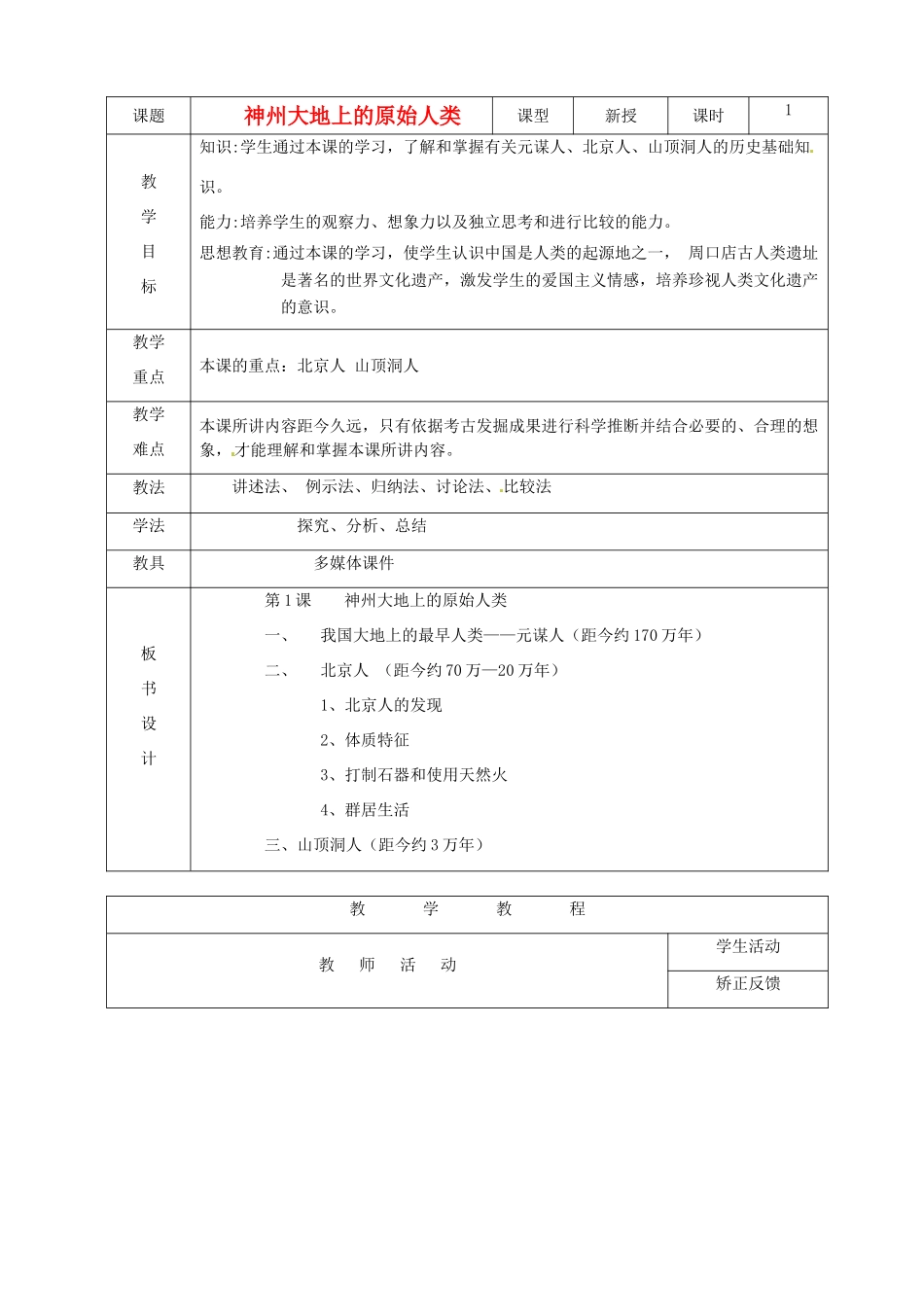 七年级历史上册 第1课 神州大地上的原始人类教案 中华书局版_第1页