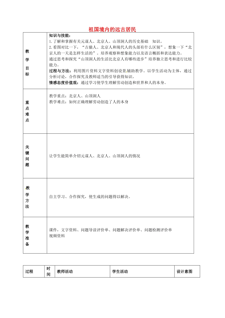 七年级历史上册 第1课 祖国境内的远古居民教学方案设计 新人教版-新人教版初中七年级上册历史教案_第1页