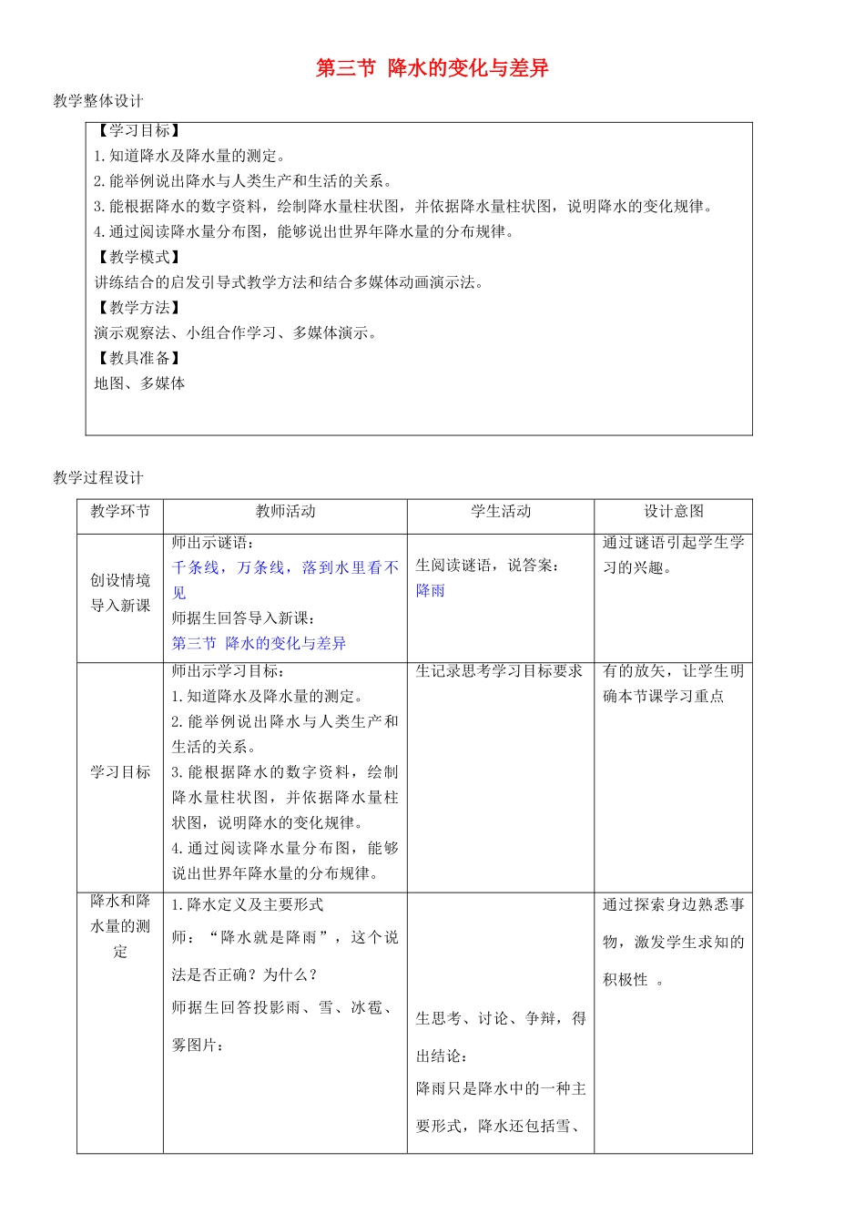 七年级地理上册 4.3降水的变化与差异教学设计 （新版）商务星球版-（新版）商务星球版初中七年级上册地理教案_第1页