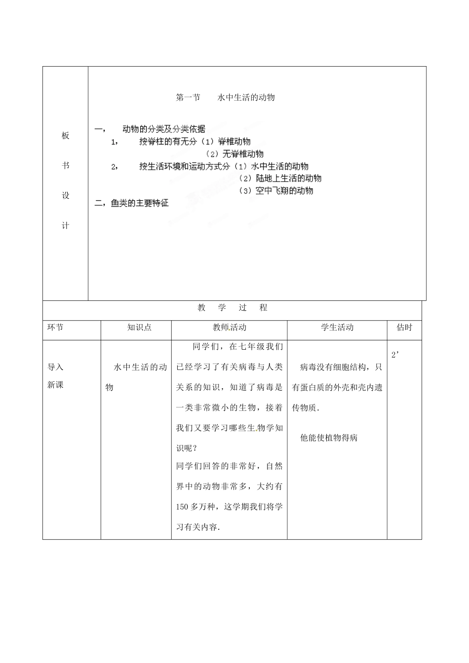 山东省临沭县2012年秋八年级生物《2水中生活的动物1》教案 新人教版_第2页
