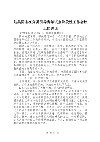 陆昊同志在分类引导青年试点阶段性工作会议上的讲话发言