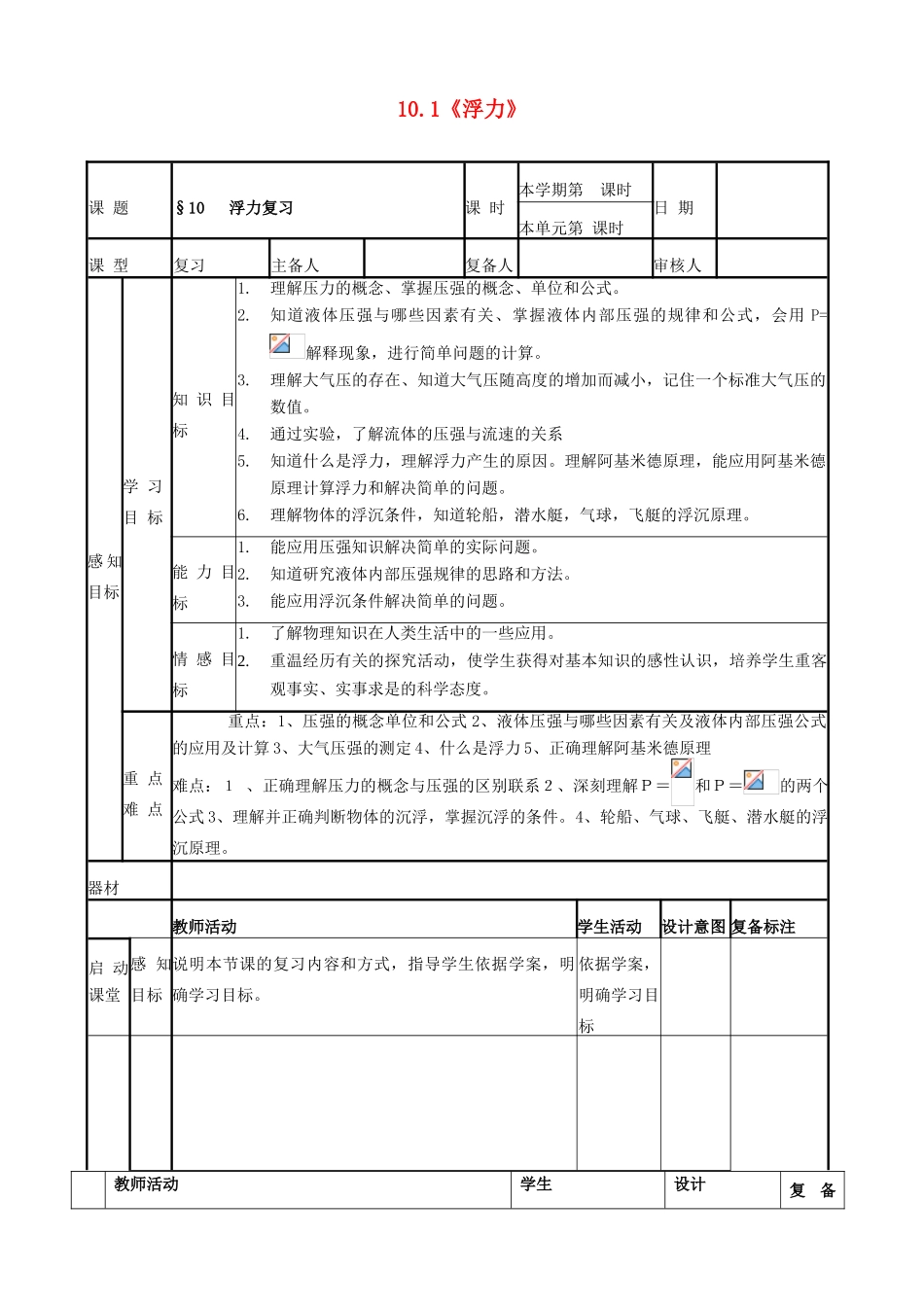 山东省邹平县实验中学2012-2013学年八年级物理下册 10.1《浮力》复习教案 （新版）新人教版_第1页
