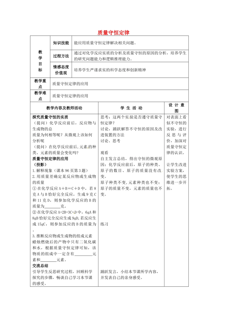 九年级化学上册 5.1 质量守恒定律教案2 （新版）新人教版-（新版）新人教版初中九年级上册化学教案_第1页