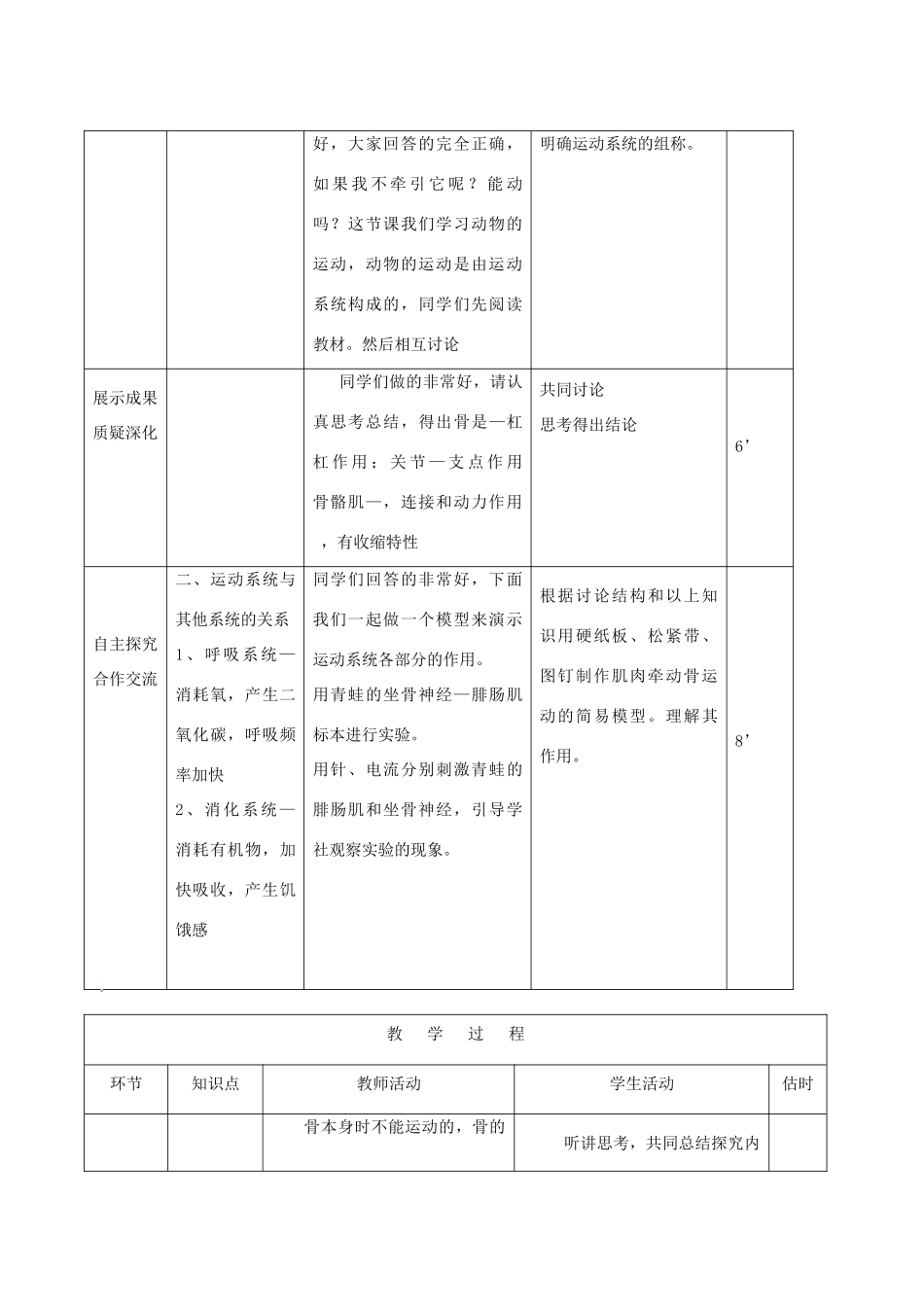 山东省临沭县2012年秋八年级生物《9动物的运动》教案 新人教版_第3页