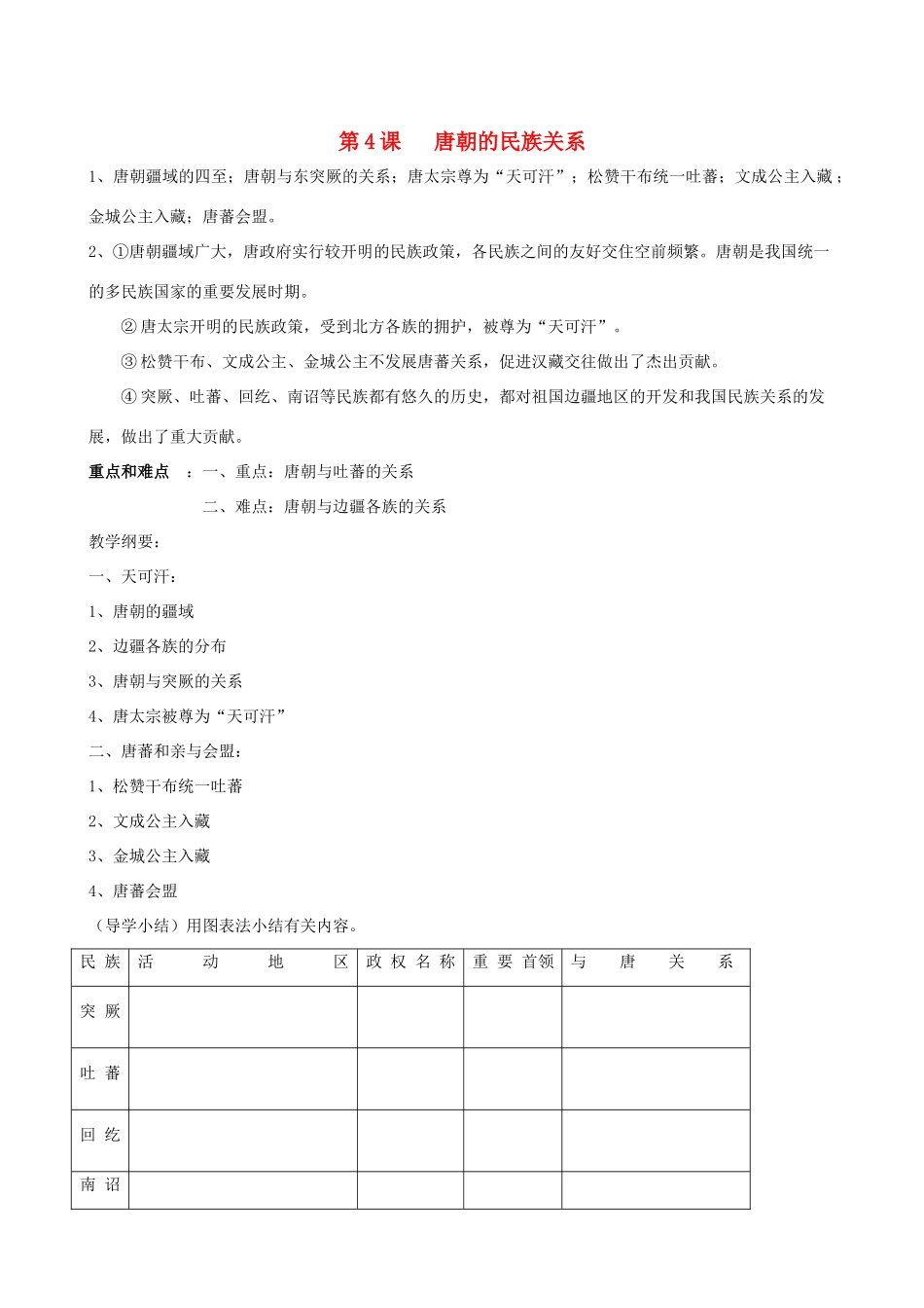 七年级历史下册 第4课 唐朝的民族关系教学纲要 岳麓版_第1页