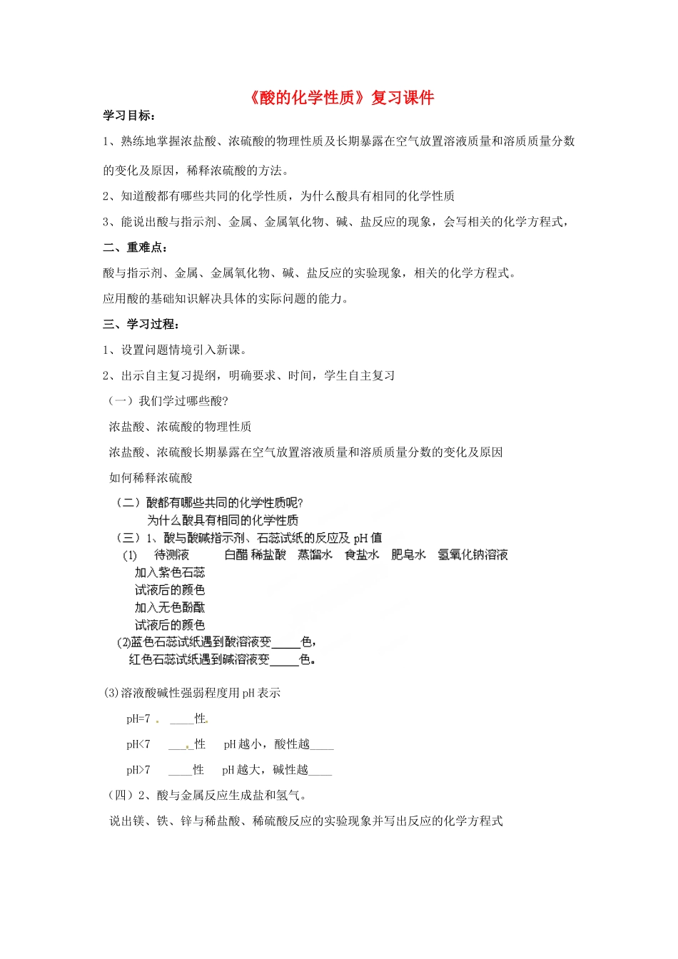 山东省泰安市岱岳区马庄镇回民中学2014届九年级化学下册《酸的化学性质》复习课件 鲁教版_第1页