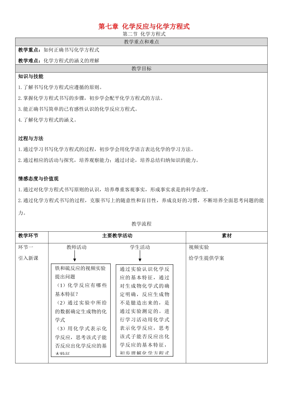 九年级化学上册 第七章 化学反应与化学方程式 第二节 化学方程式教案 （新版）北京课改版-北京课改版初中九年级上册化学教案_第1页