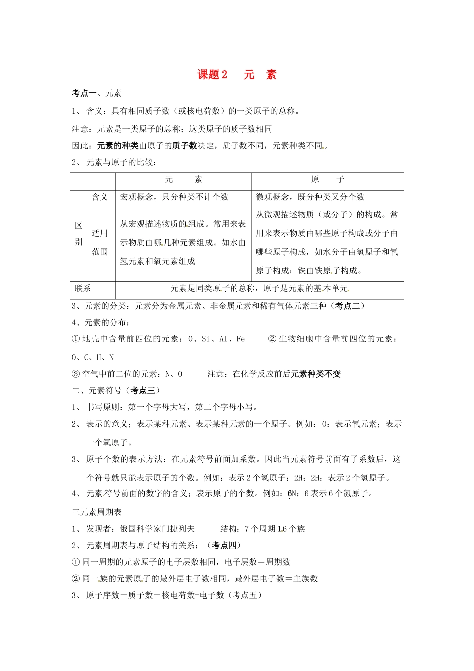 九年级化学上册 第三单元《课题2 元素》考点复习教案 新人教版_第1页
