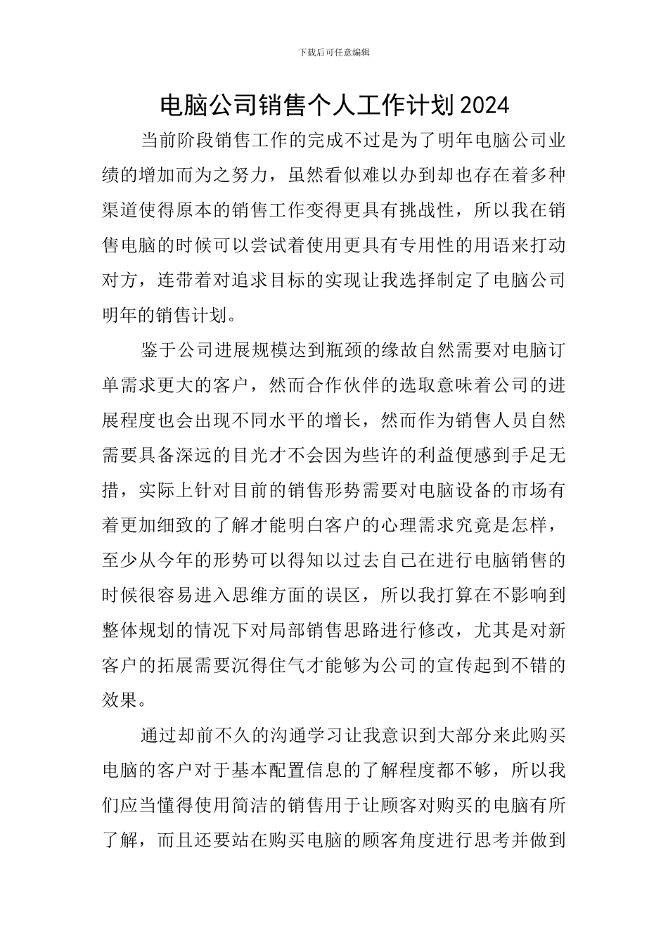 电脑公司销售个人工作计划2024_第1页