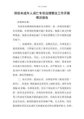 预防未成年人溺亡专项治理整改工作开展情况报告