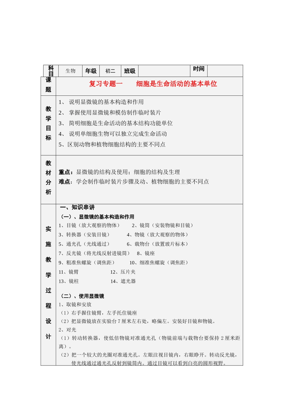 七年级生物专题一 细胞是生命活动的基本单位教案苏教版_第1页
