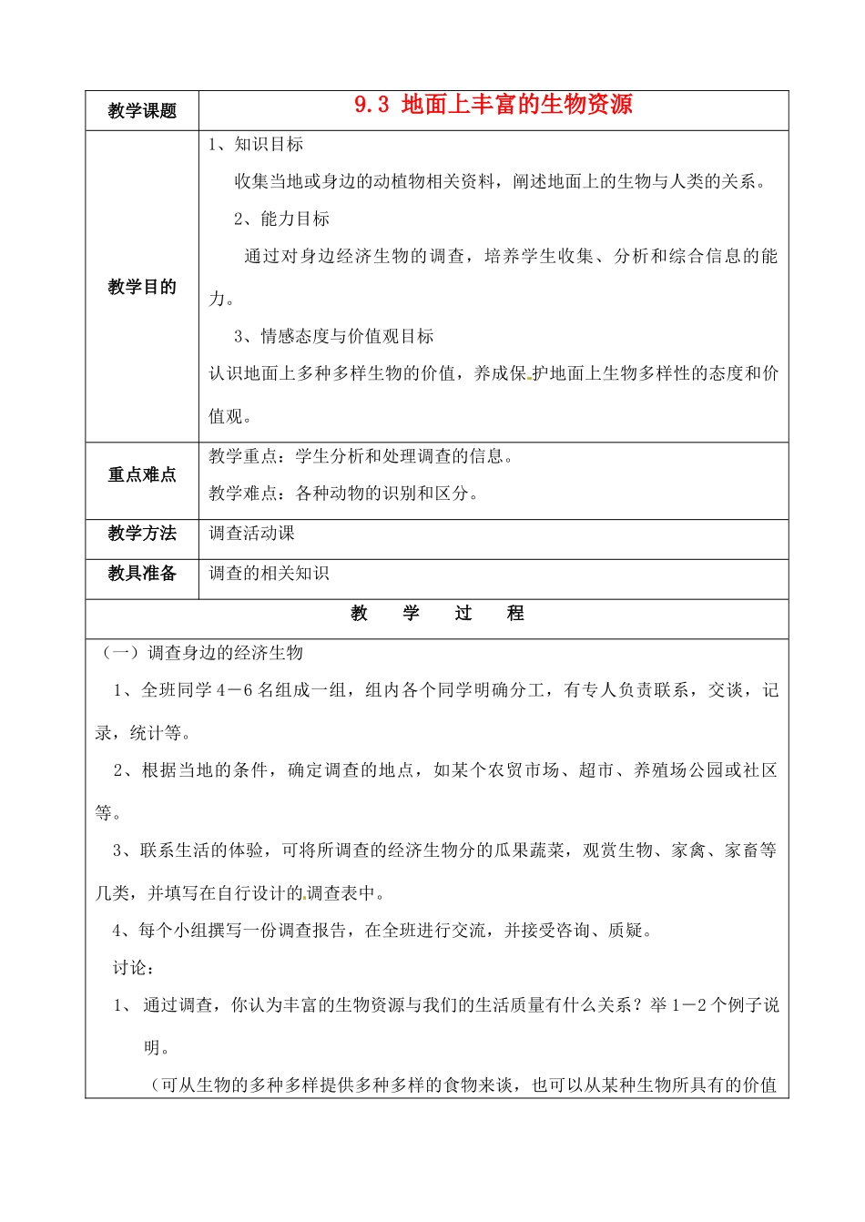 江苏省苏州市第二十六中学七年级生物 9.3《 地面上丰富的生物资源》教案_第1页