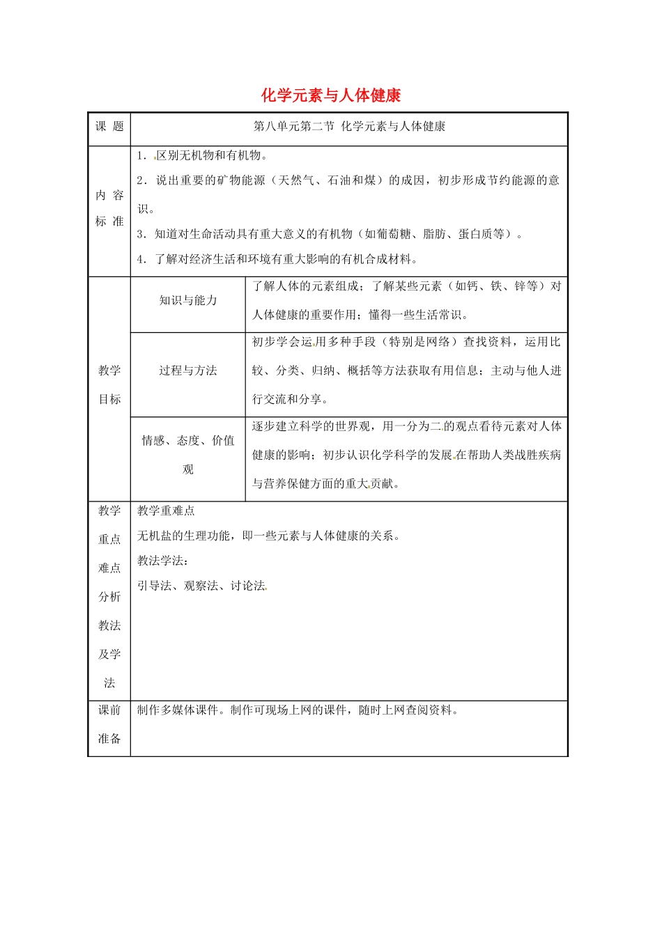 九年级化学 第八单元第二节 化学元素与人体健康教案 鲁教版_第1页
