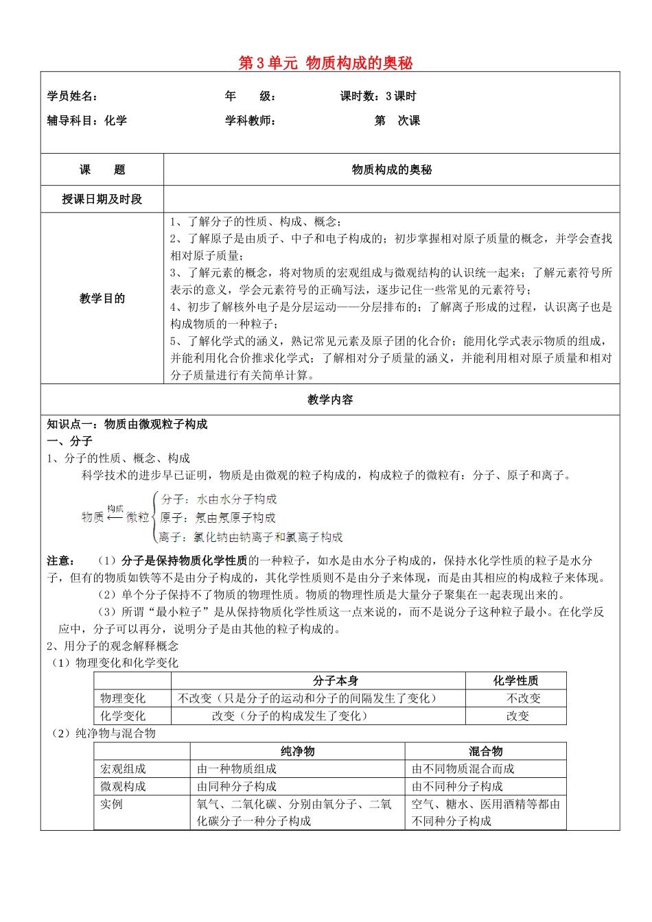 九年级化学上册 第3单元 物质构成的奥秘辅导讲义 （新版）新人教版_第1页
