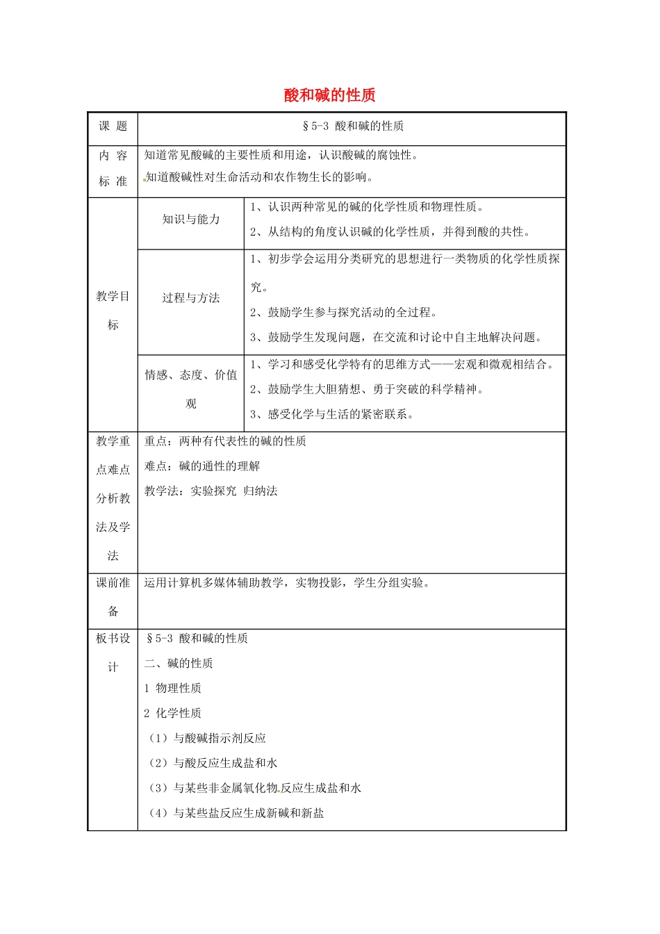 九年级化学 第五单元第三节 酸和碱的性质教案（第三课时） 鲁教版_第1页