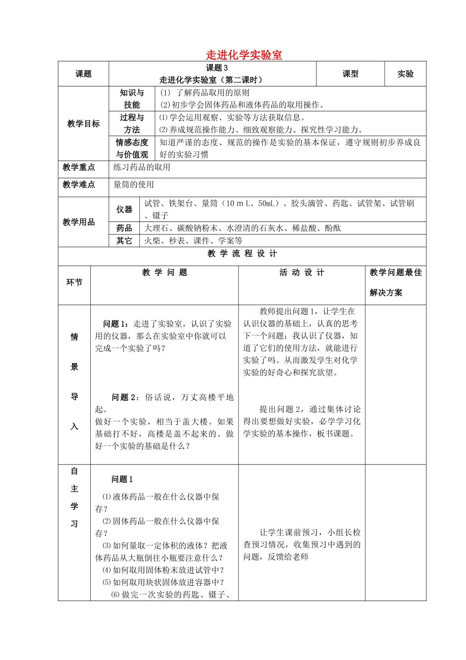 九年级化学上册 第一单元 走进化学世界 课题3 走进化学实验室（第2课时）教案 （新版）新人教版-（新版）新人教版初中九年级上册化学教案_第1页