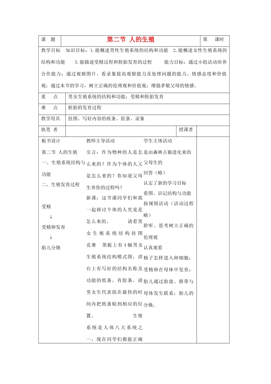 七年级生物《人的生殖》教案_第1页