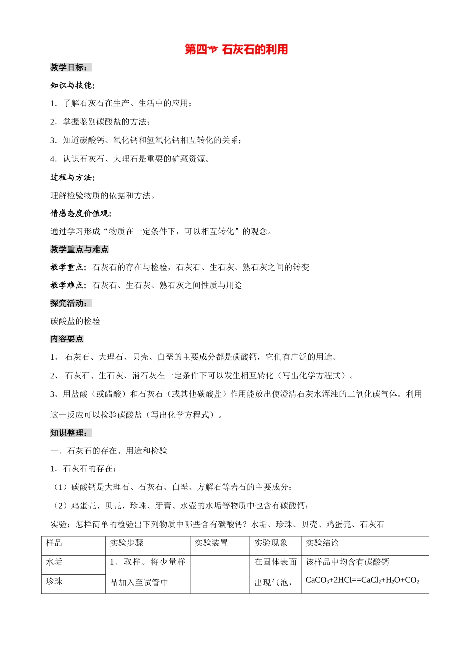 九年级化学 第五章第四节 石灰石的利用 教案沪教版_第1页