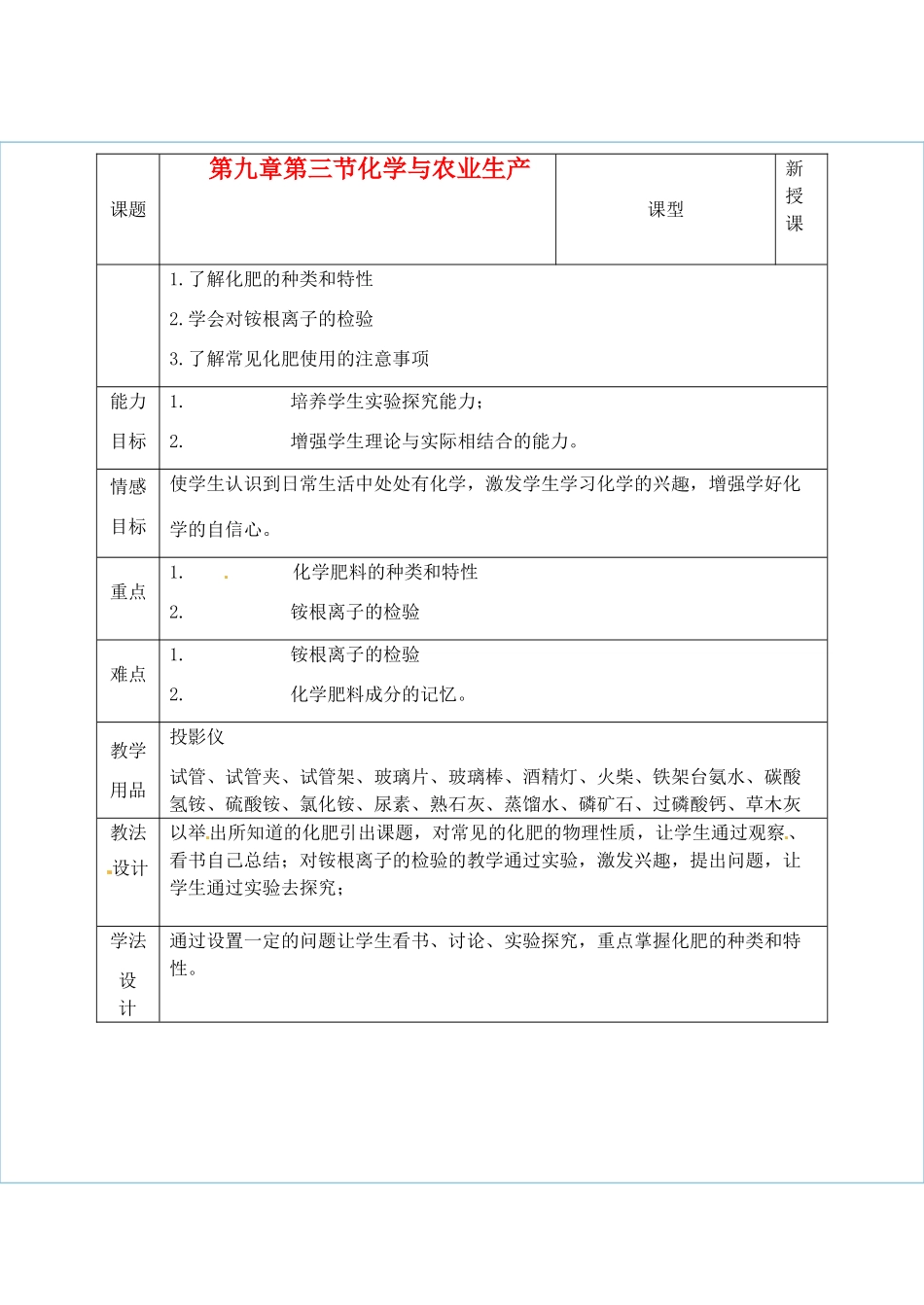 九年级化学 9.3 化学与农业生产教案2 鲁教版_第1页