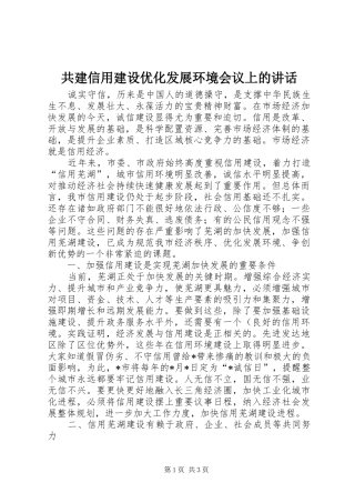 共建信用建设优化发展环境会议上的讲话发言