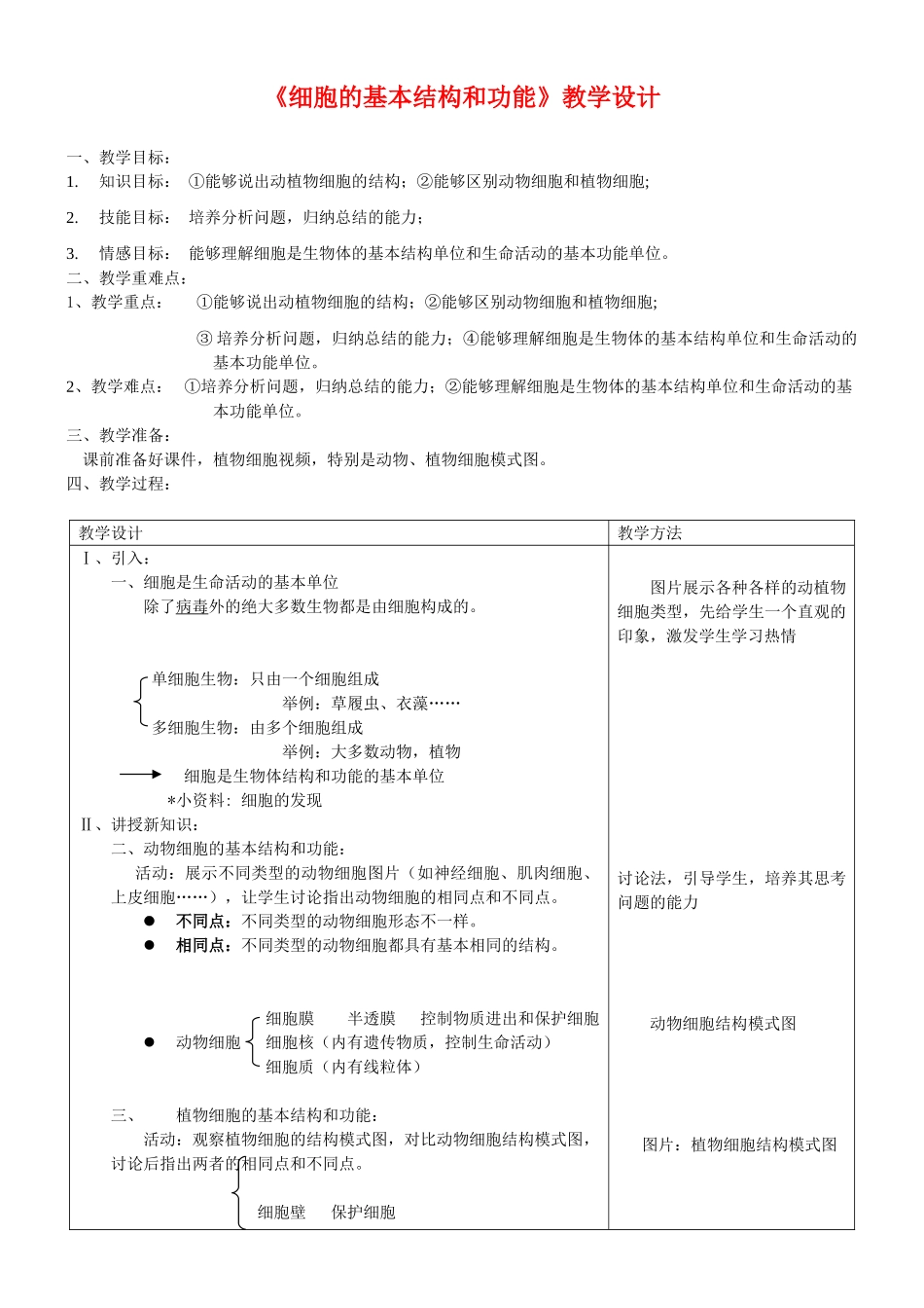 七年级生物《细胞的基本结构和功能》教学设计北师大_第1页